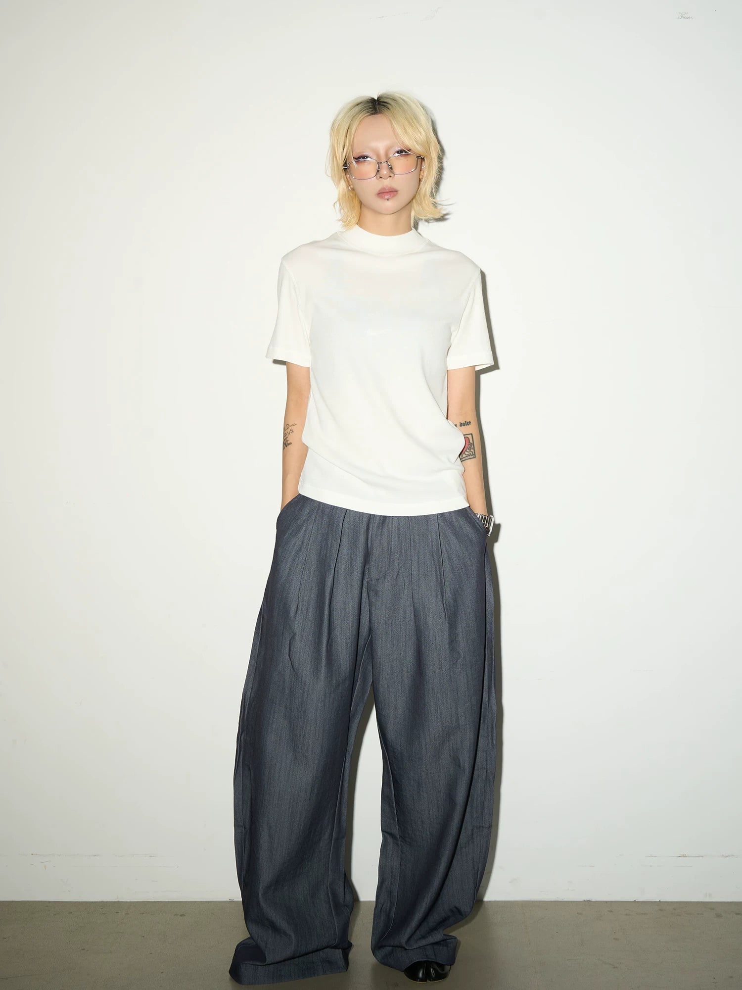 Pleats Elastic Waist Wide Leg Trousers