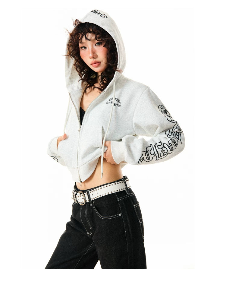 Gothic Logo Print Cropped Zipper Hoodie