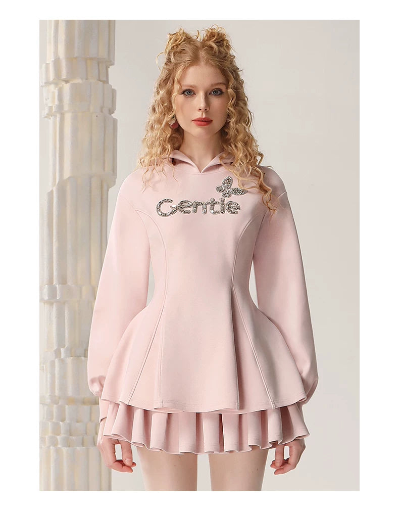 3D Characters Hoodie & High Waist Pleats Skirt Setup
