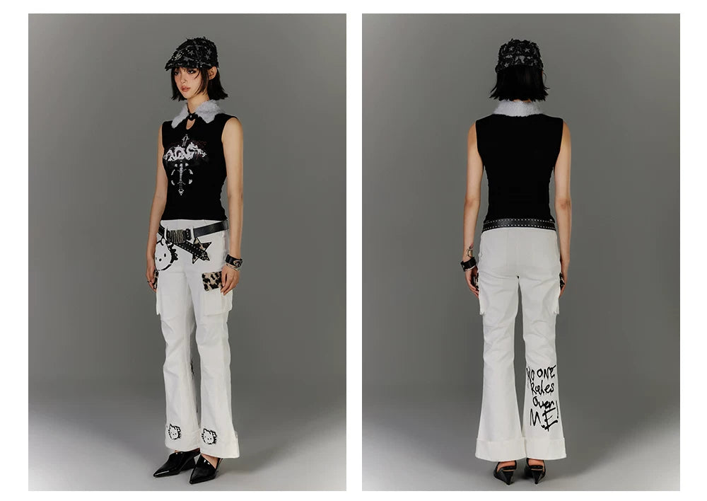 Fake Fur Collar Ribbed Graphic Print Sleeveless T-Shirt