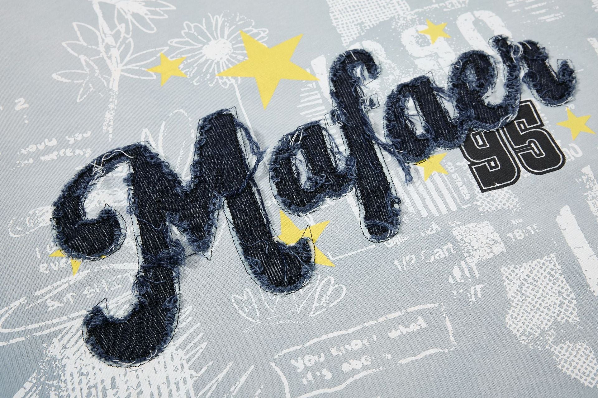 Star Applique Embroidery Washed Short Sleeve T-Shirt