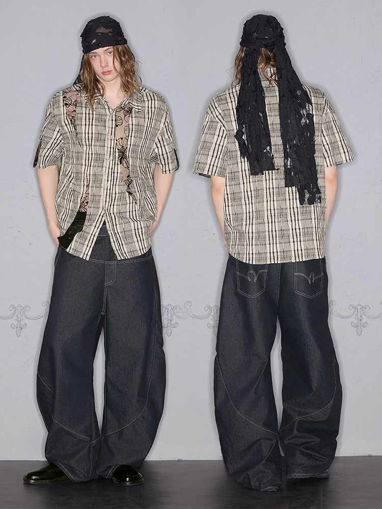 Butterfly Lace Plaid Deconstructed Short Sleeve Shirt