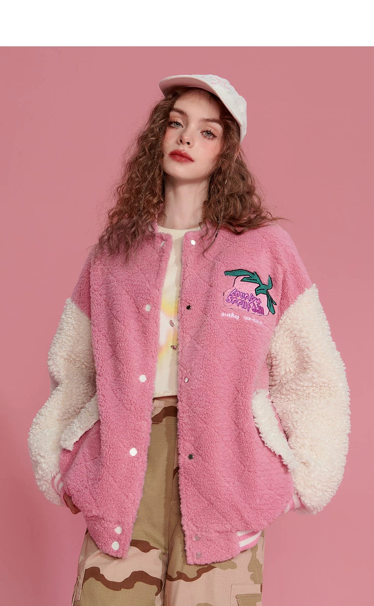 Colorblock Embroidery Fleece-Lined Baseball Jacket
