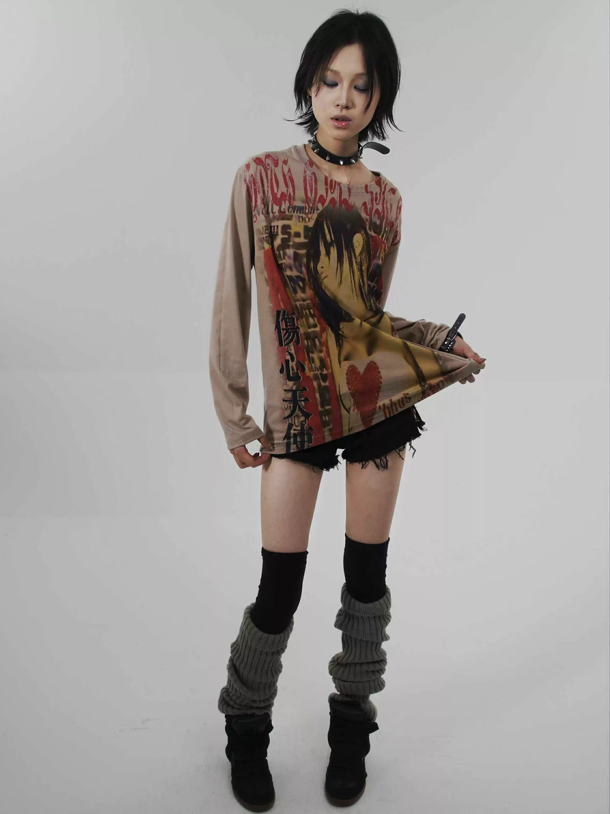 Y2k Japanese Punk Style "sad Angel" Brown Long Sleeve T-Shirt