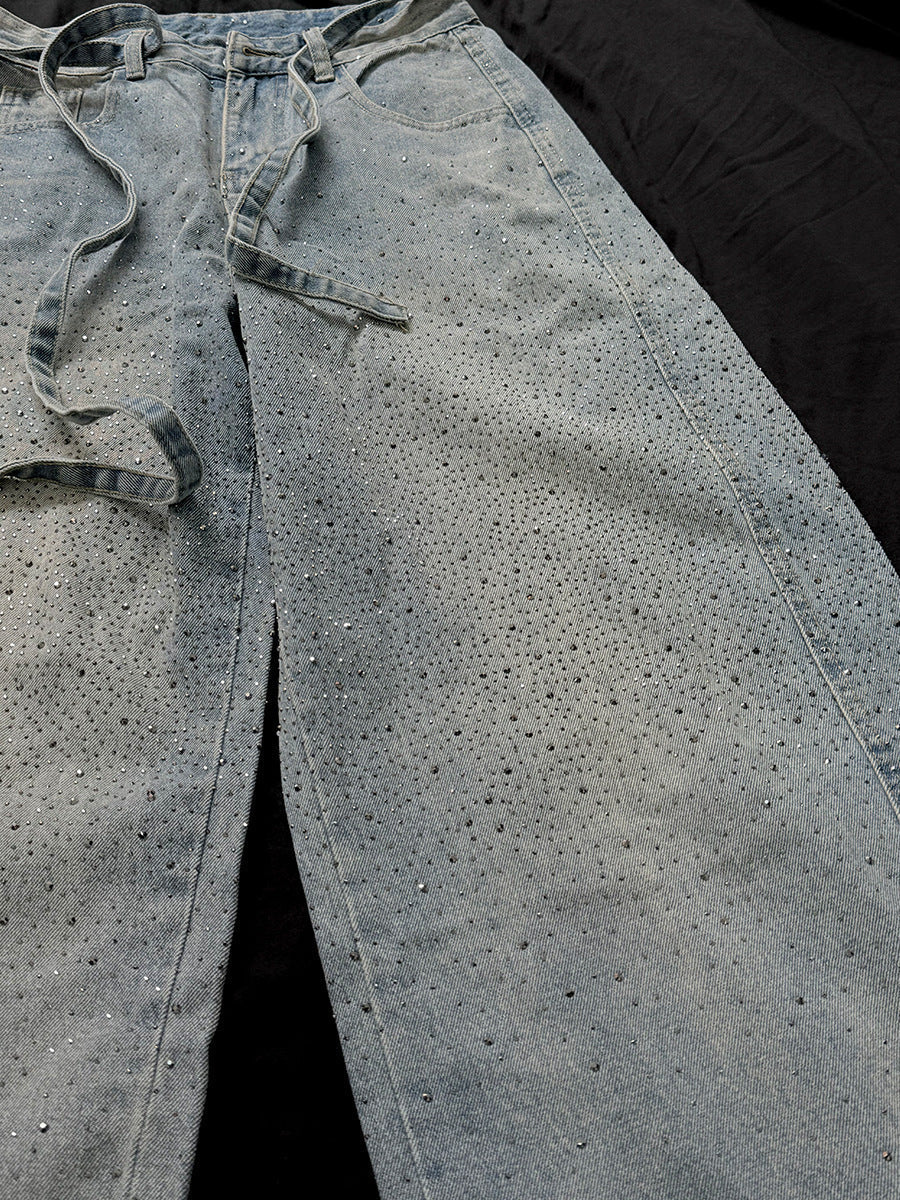 Rhinestone Drawstring Wide Leg Denim Jeans