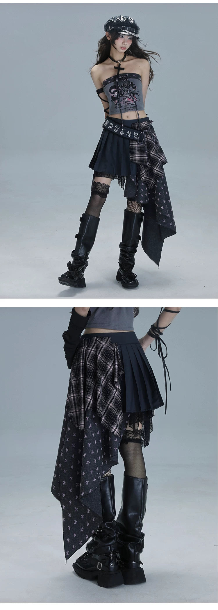 Plaid Patchwork Asymmetric Embroidery Skirt