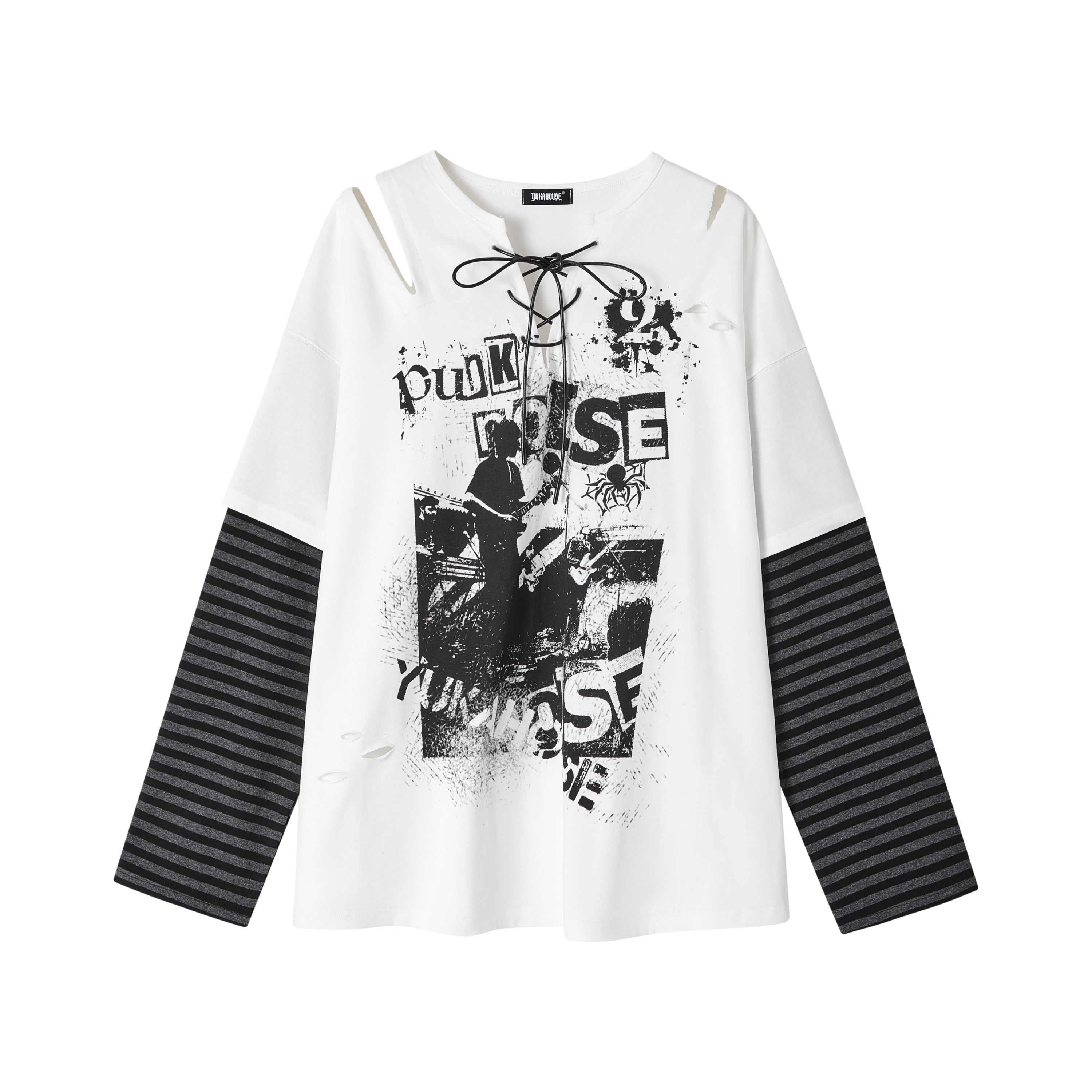 Fake Layered Drawstring V-Neck Long Sleeve T-Shirt