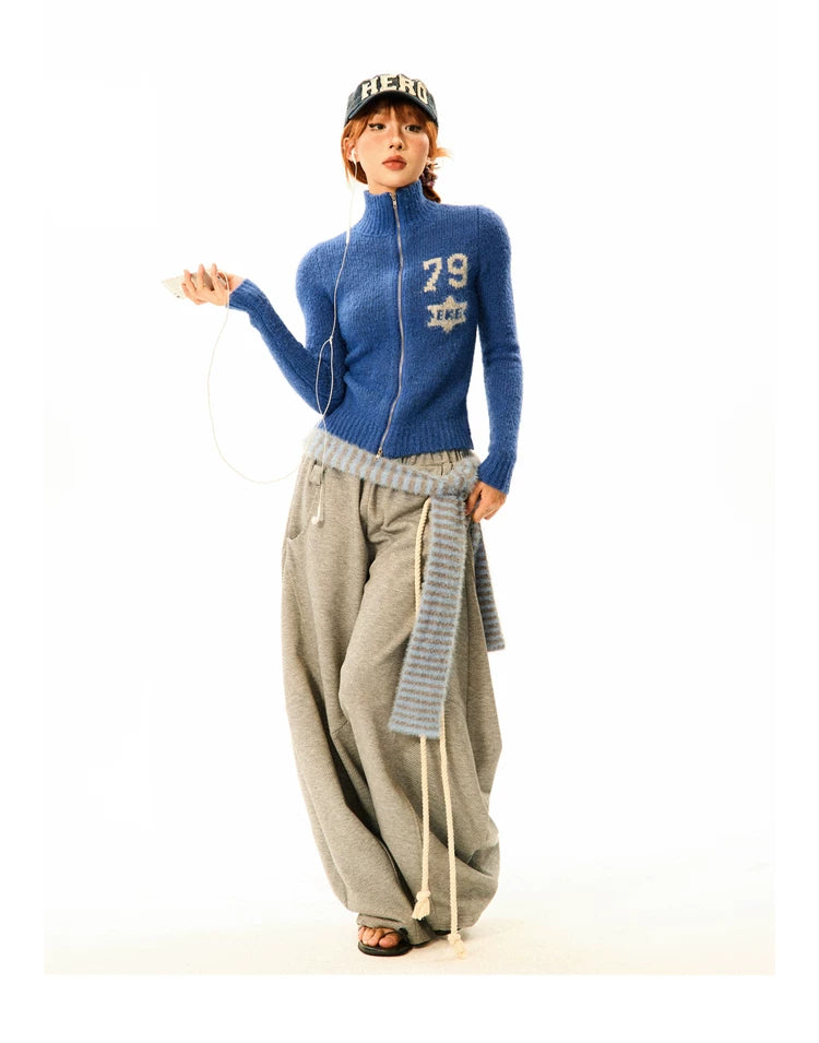Number Patch Knit Zipper Stand Neck Cardigan