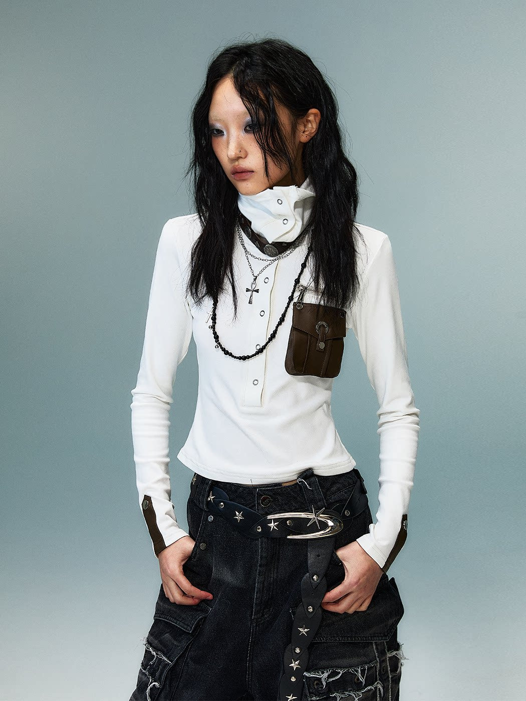 High-Neck Convertible Slim Knit Long Sleeve Shirt
