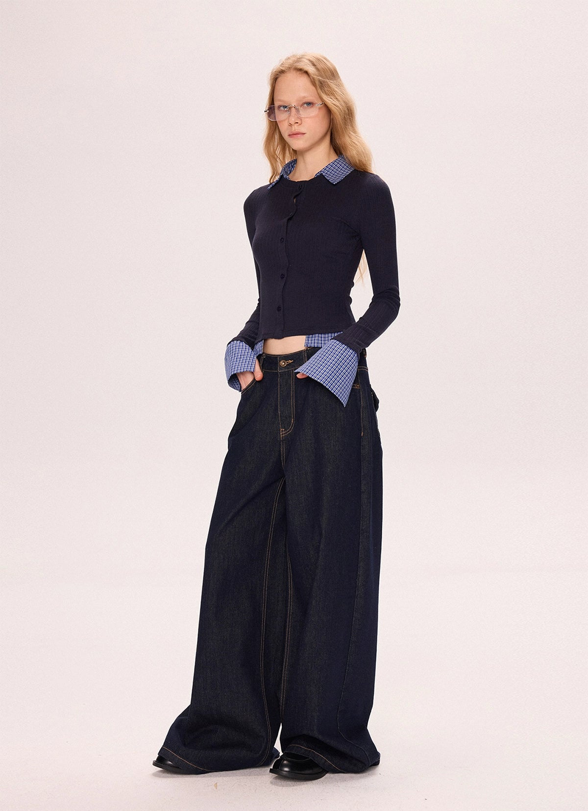 Two Tone Polo Neck Patchwork Knit Shirt