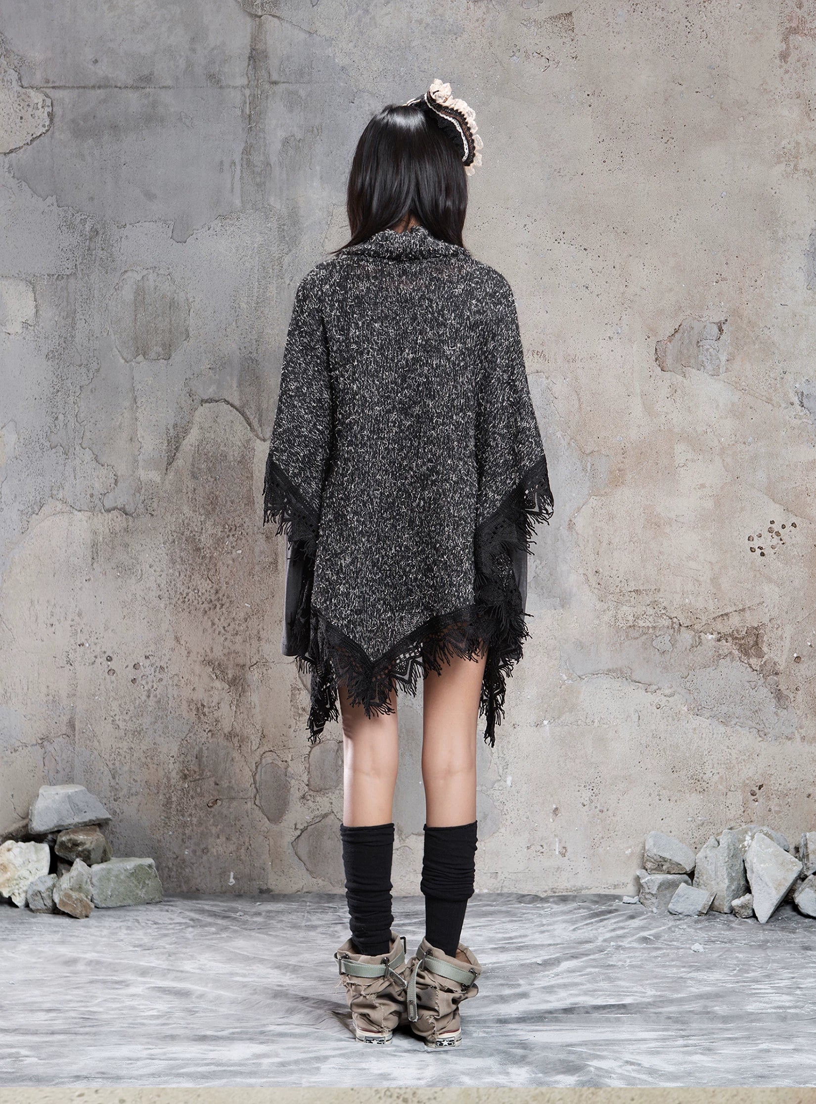 Punk Cross Cape Asymmetric Fringe Knit Sweater