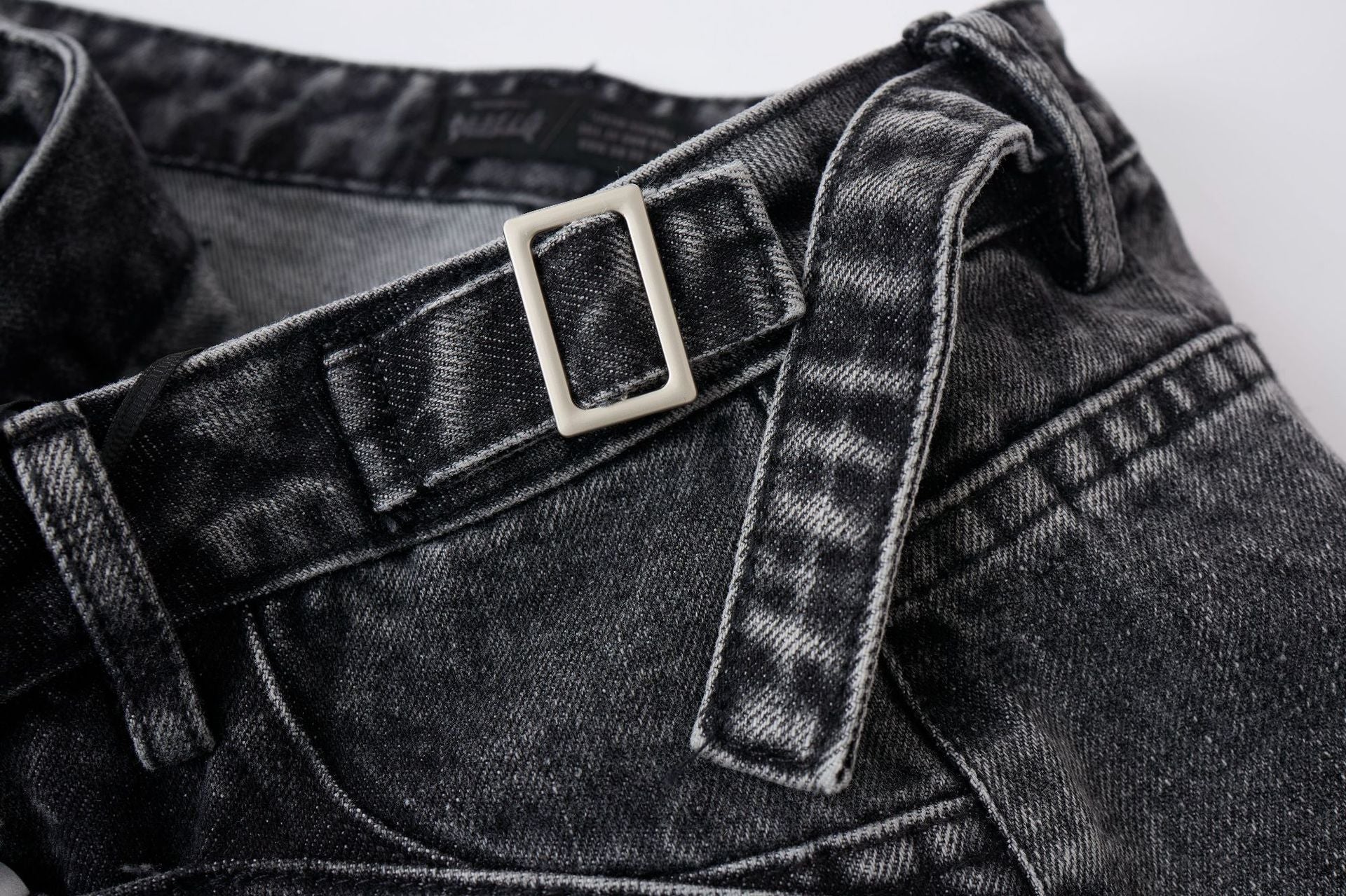 Washed Whisker Metal Buckle Denim Jort