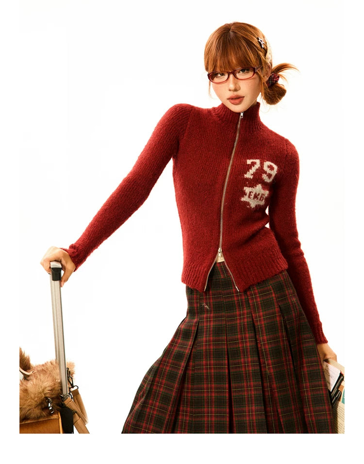 Number Patch Knit Zipper Stand Neck Cardigan