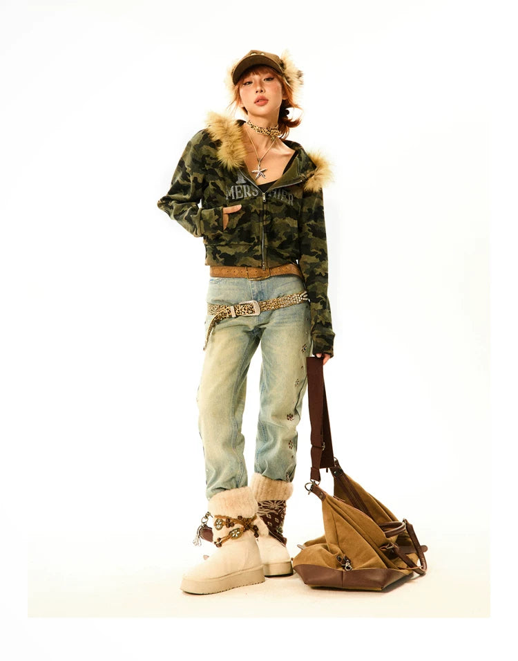 Camouflage Fake Fur Trim Star Patch Zipper Hooded Jacket