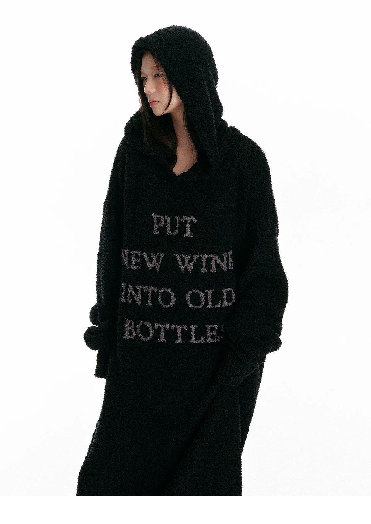Fuzzy Hooded Knit Over-Knee Robe Dress