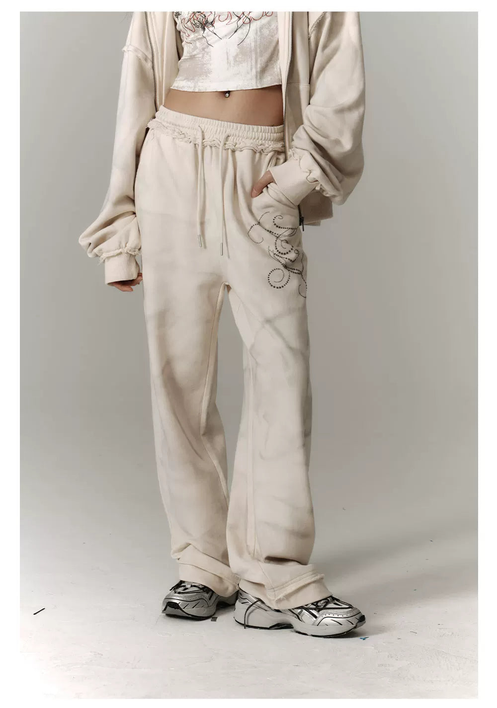 Washed Damage Oversize Zipper Hoodie & Wide Leg Pants Setup