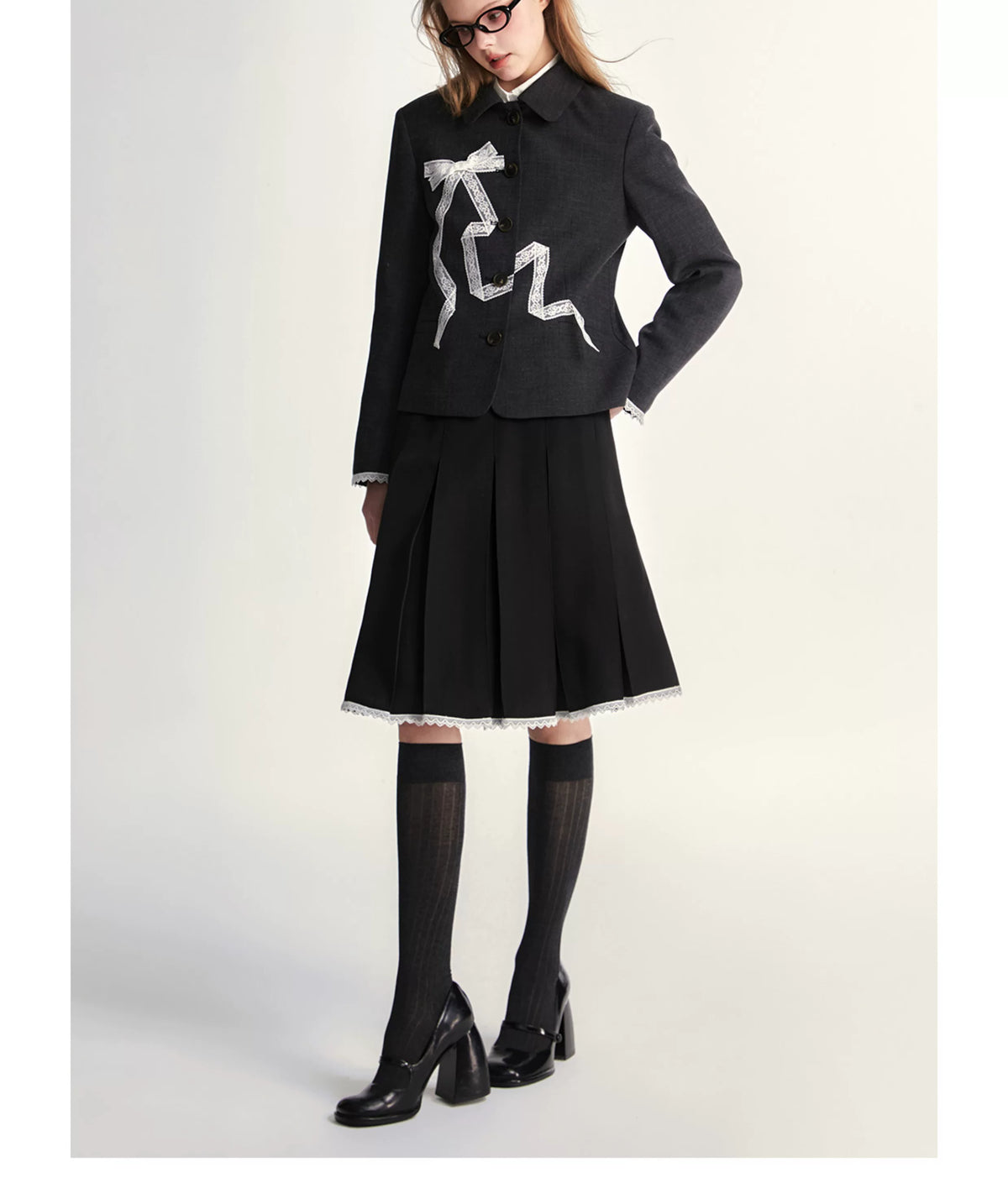 Lace Bow Blazer Jacket & Skirt Setup