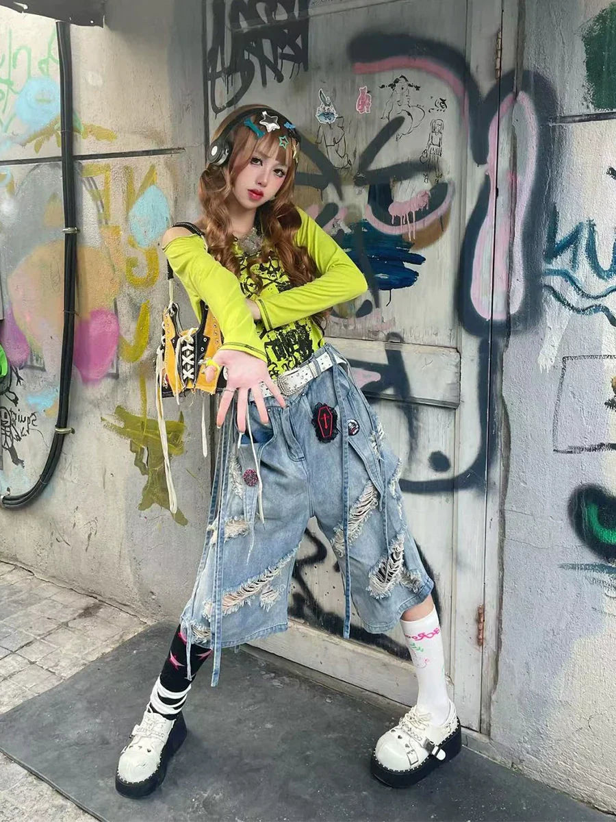 Washed Damage Wide-Leg Straight Denim Half Jeans