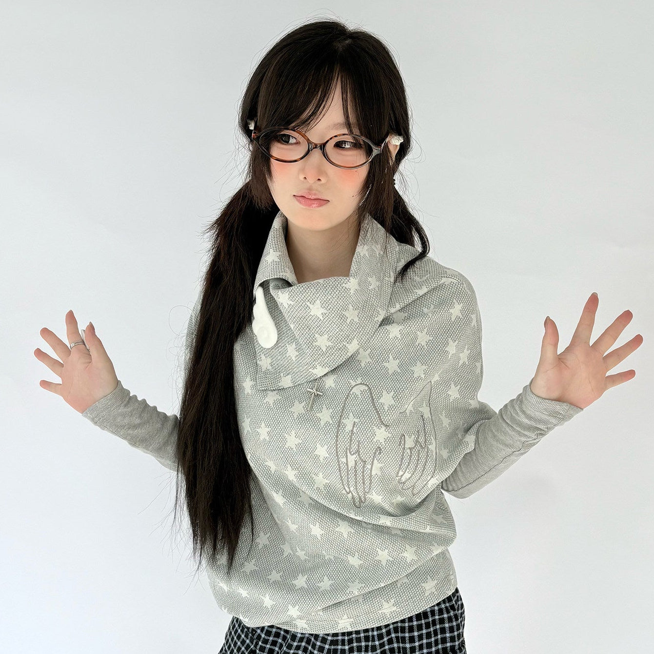 Star Print Asymmetrical High-Neck Long Sleeve T-Shirt