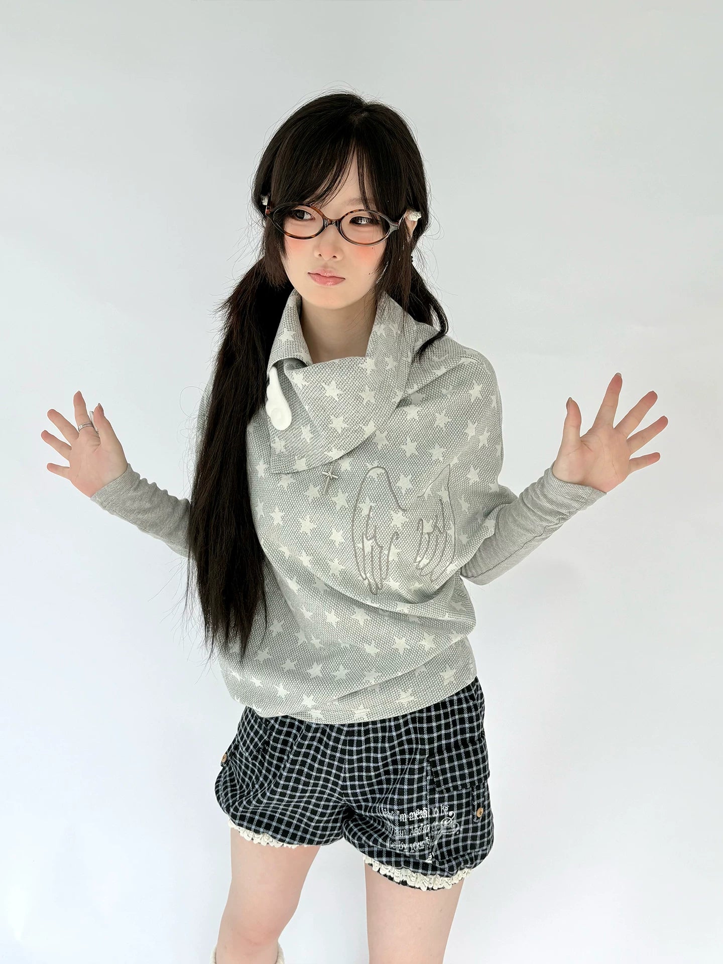 Star Print Asymmetrical High-Neck Long Sleeve T-Shirt