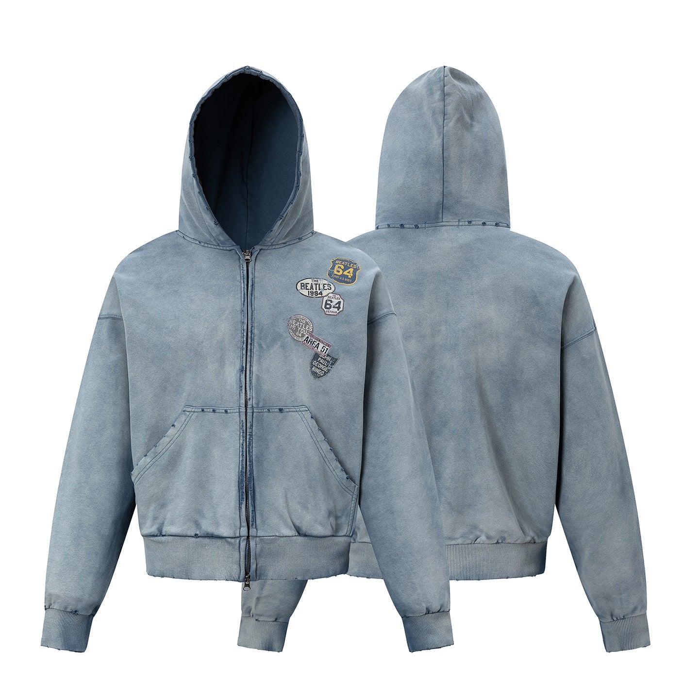 Washed Damage Print Boxy Zipper Hoodie
