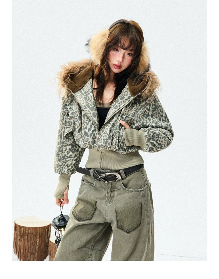 Leopard Print Fur-Trim Hood Puffer Jacket