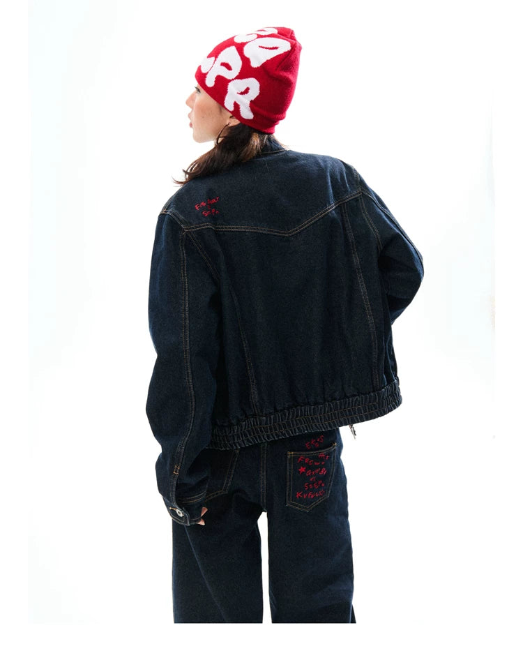 Embroidered Cropped Denim Jacket & Wide-Leg Denim Jeans Setup