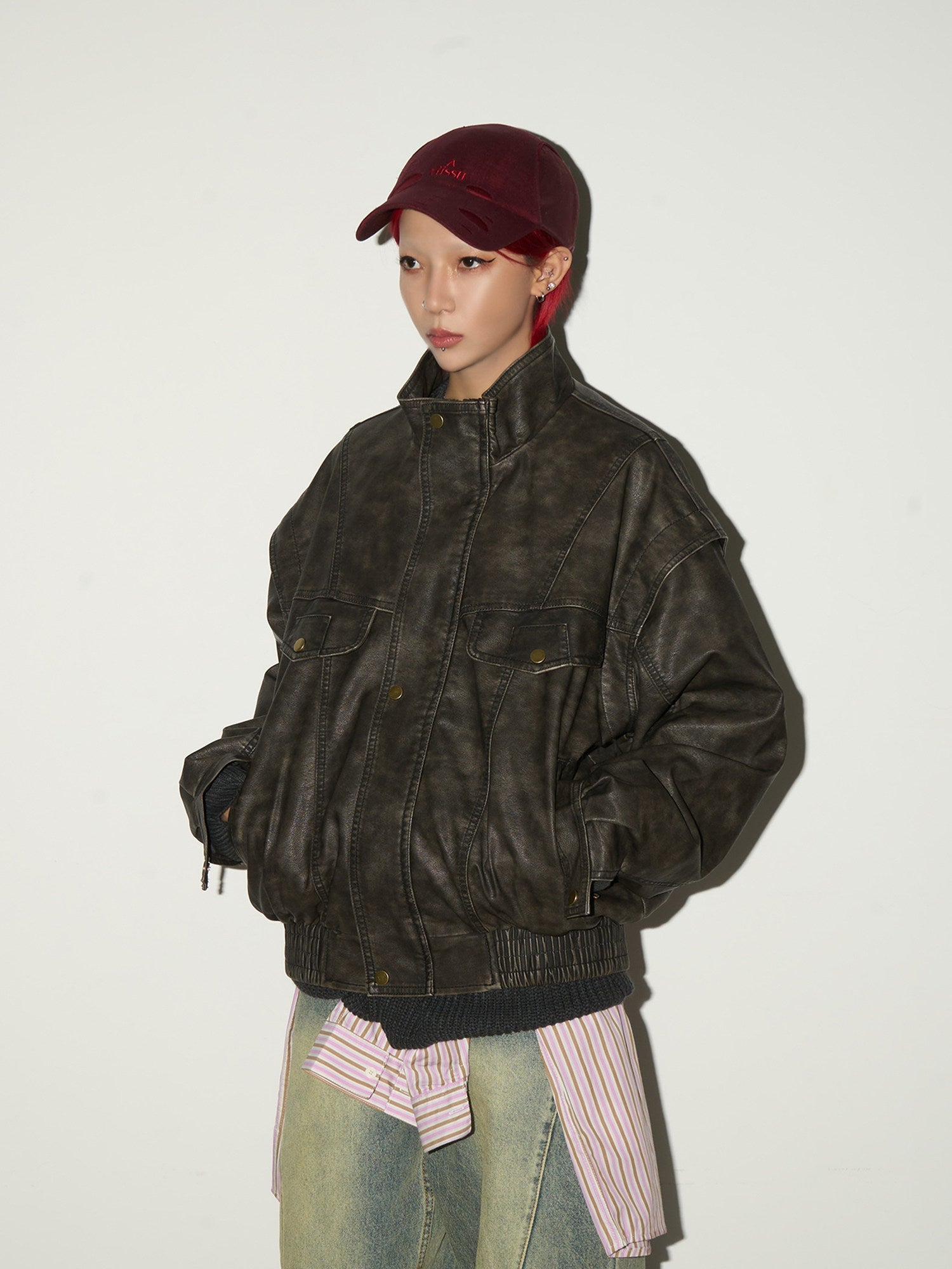 PU Leather Stand Collar Oversize Jacket
