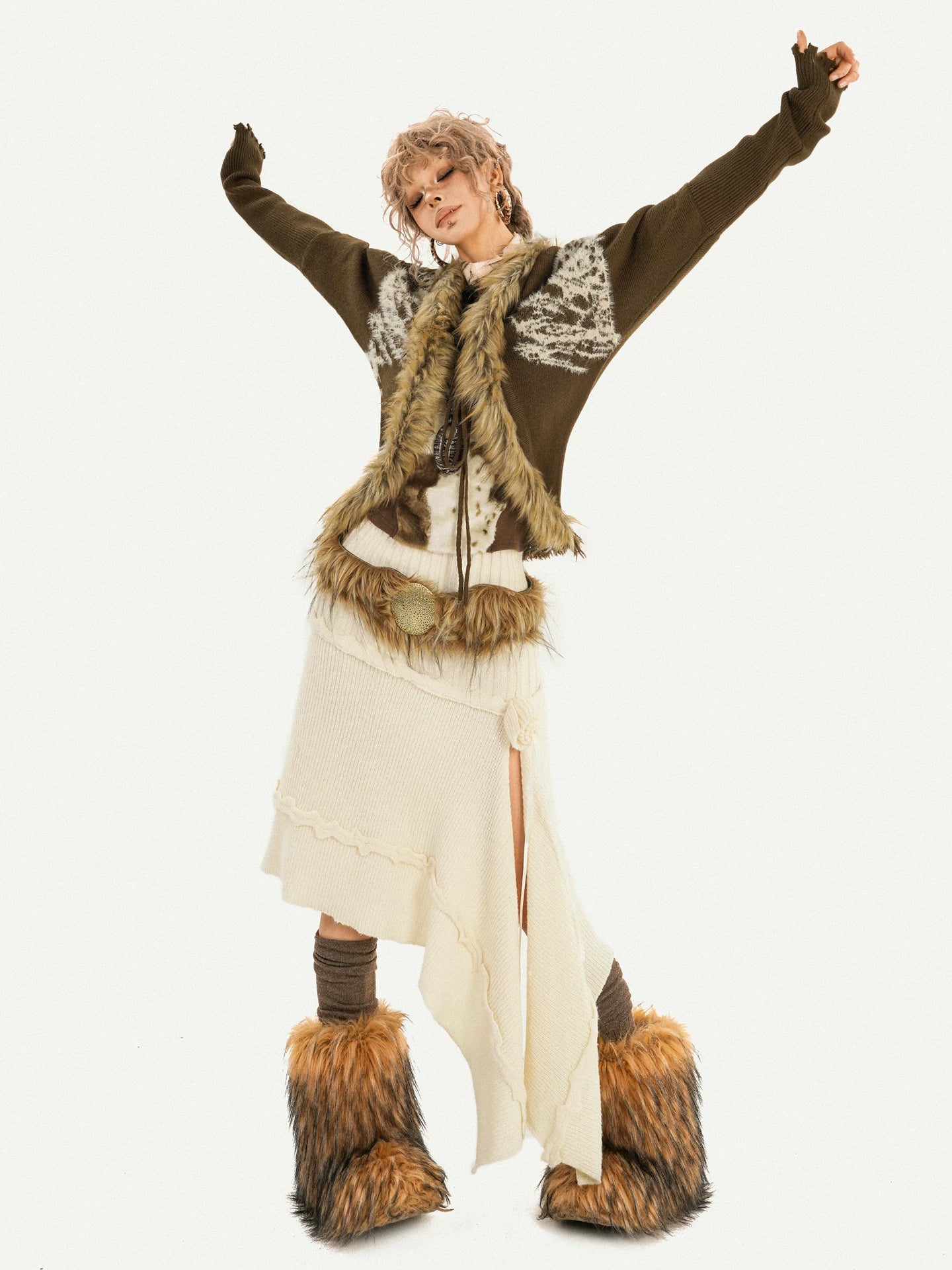 Original Design Batwing Sleeve Fake Fur Collar Knit Cardigan