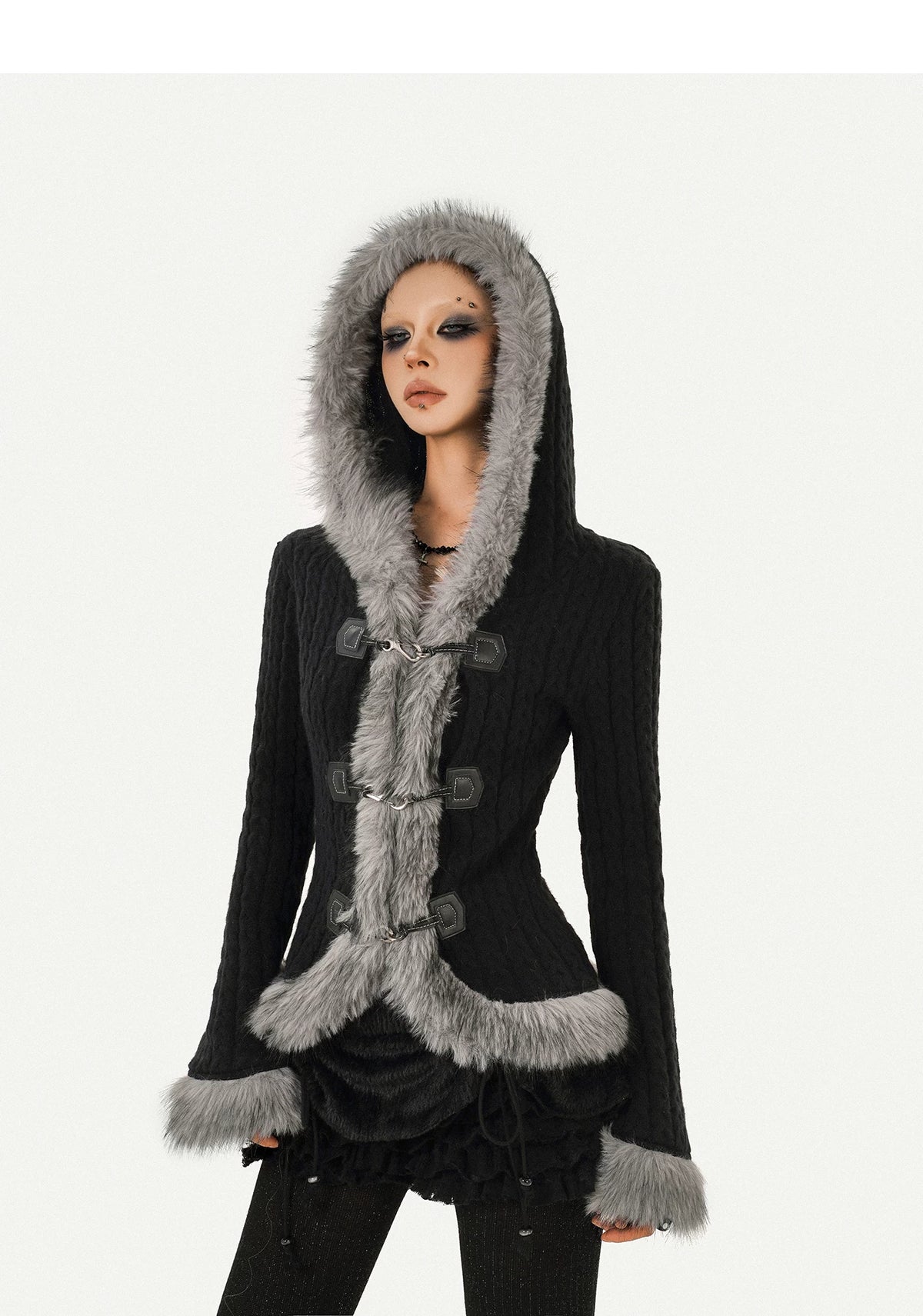 Hooded Fur Collar Fitted Knit Cardigan