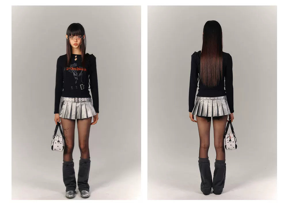 Cross Print Strap Buckle Cutout Long Sleeve T-Shirt