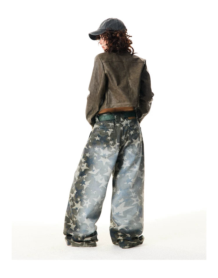 Star Print Damage Wide Leg Denim Jeans