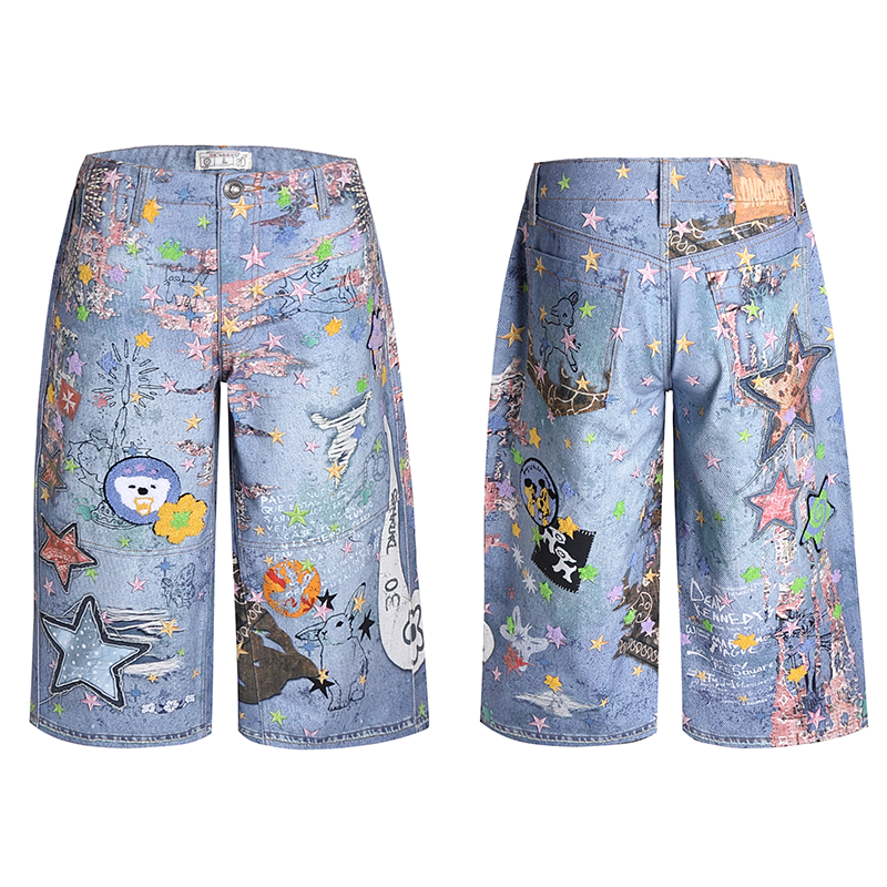 Digital Cartoon Print Denim Half Jeans