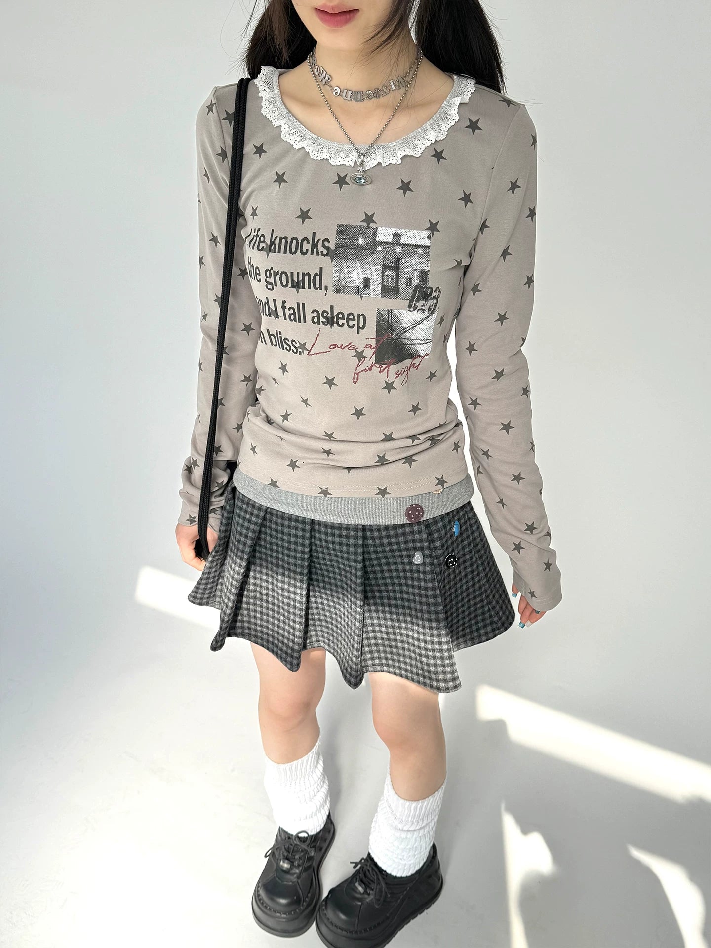 Star Print Lace Trim Fitted Long Sleeve T-Shirt