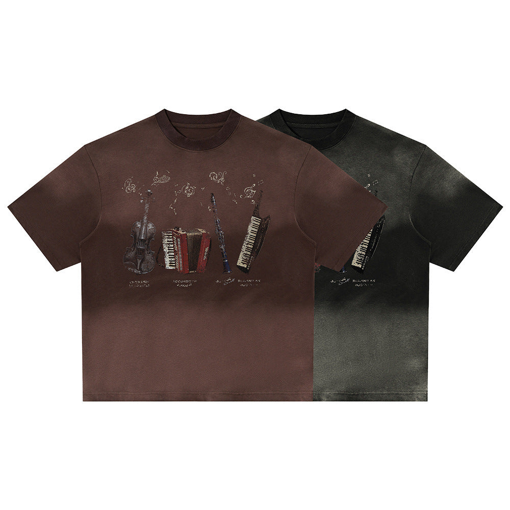 Instrument Print Washed Short Sleeve T-Shirt