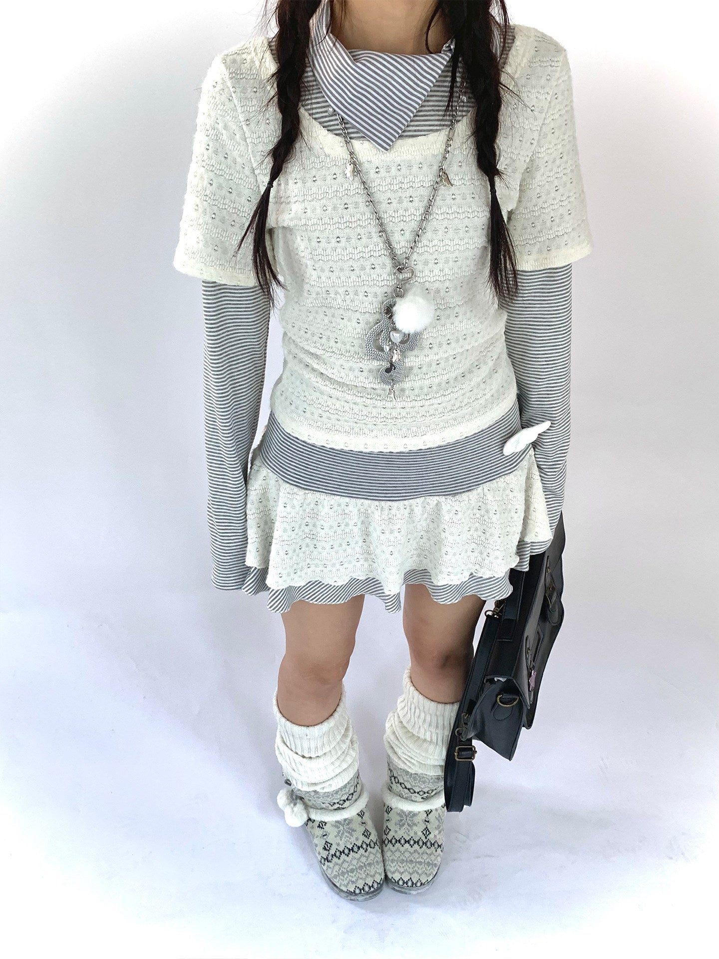 Fake Layered Striped Ruffle A-Line Dress