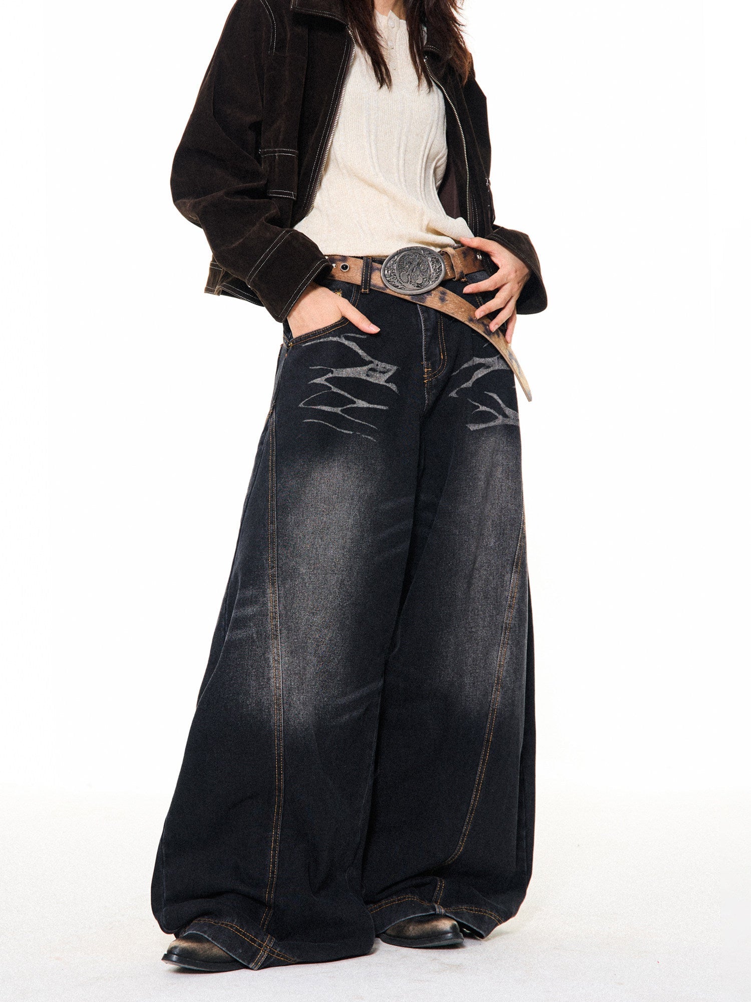 Washed Scratch Detail Wide Leg Denim Jeans