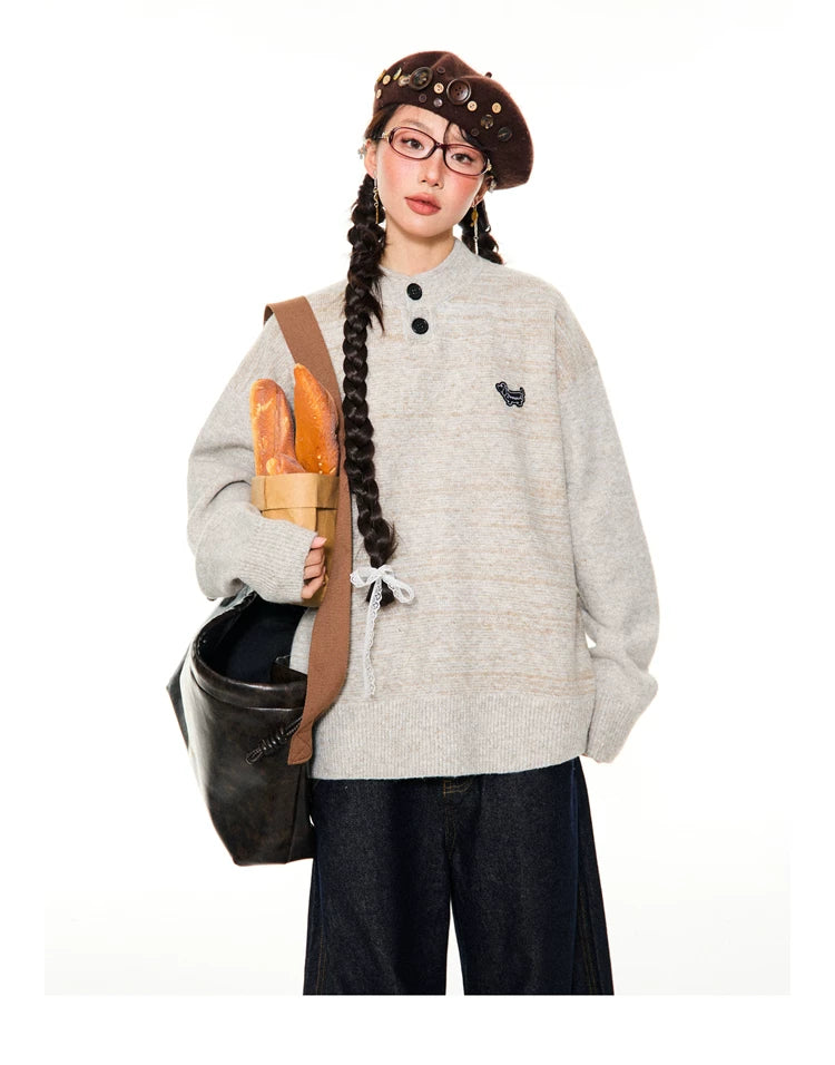 Button-Detail Stand Neck Knit Sweater