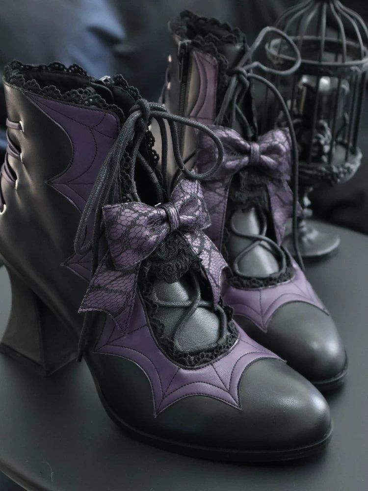 Lace Bow Purple Spider Web Ankle Boots