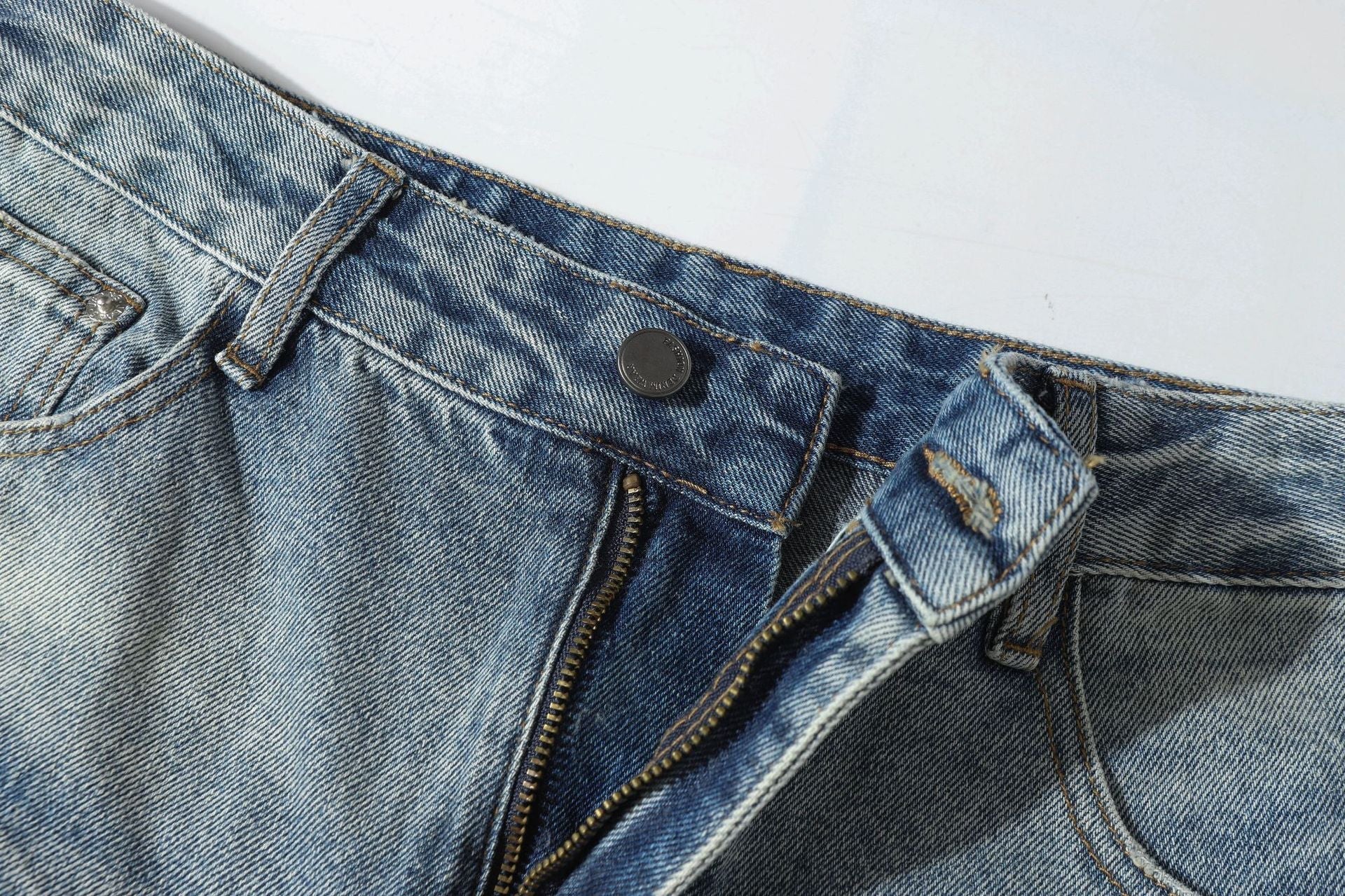 Washed Whisker Damage Wide Leg Denim Jeans