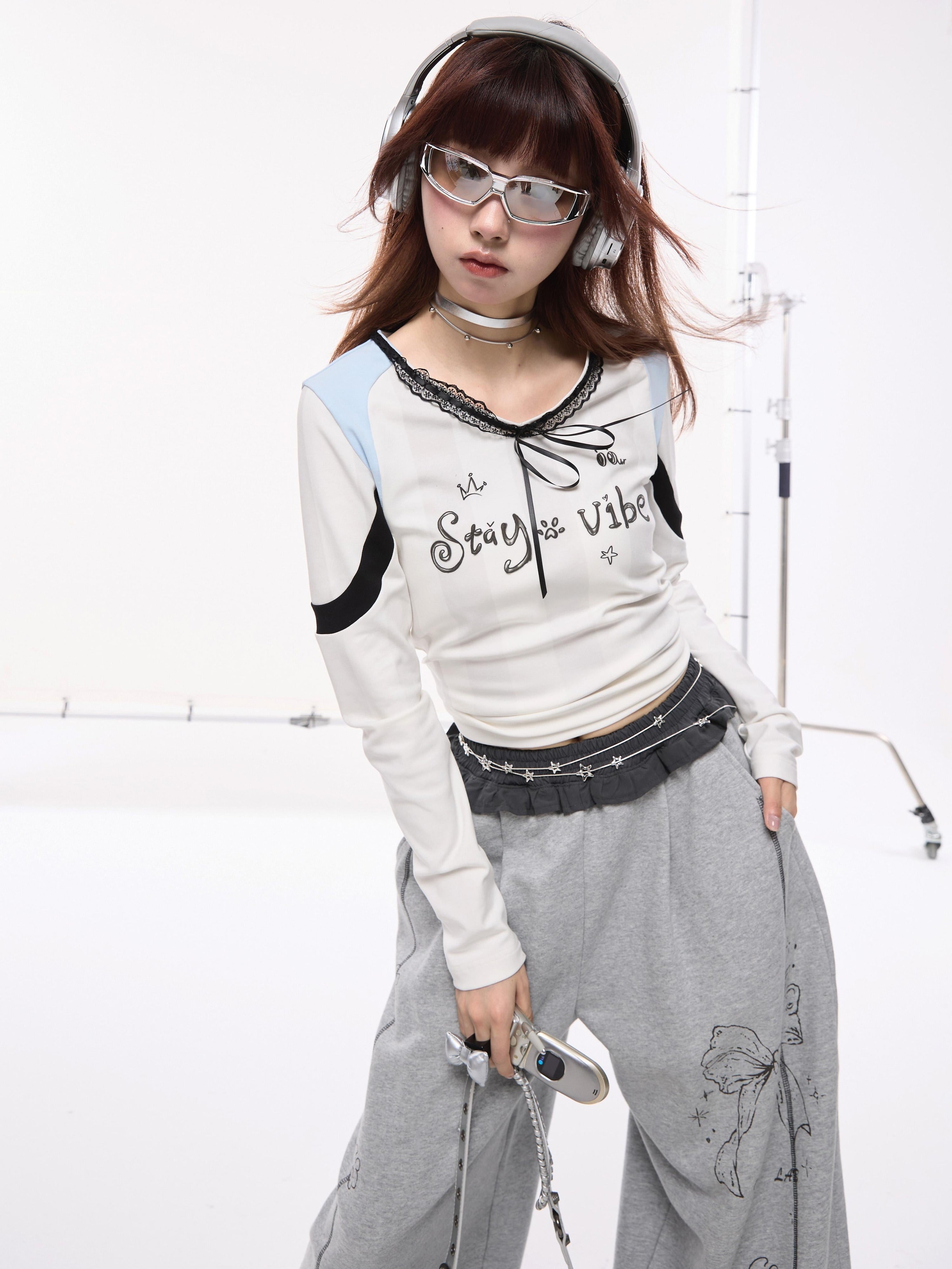 Lace Bow Collar Patchwork Jersey-Style T-Shirt