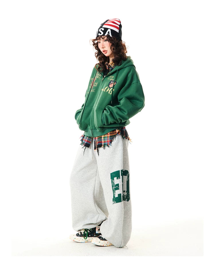 Letter Embroidery Washed Zipper Hoodie