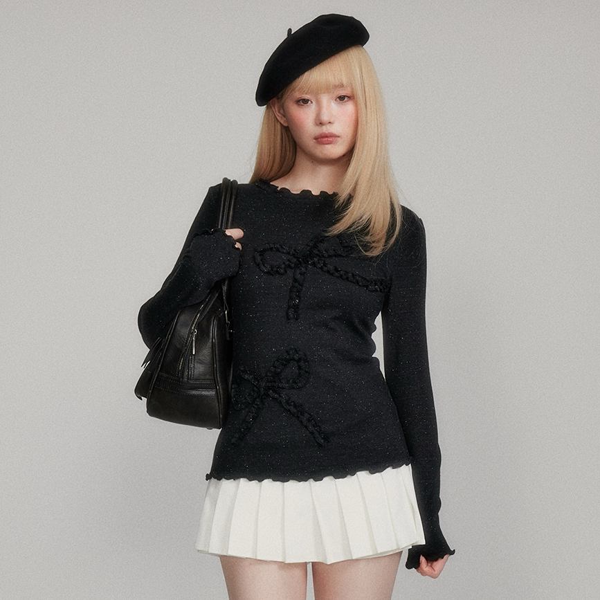 Dot Pattern Bow Lyocell Thermal Long Sleeve T-Shirt
