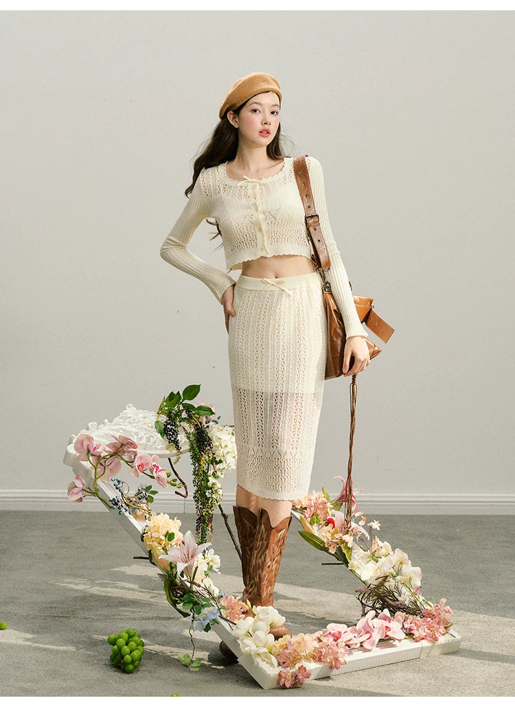 Hollow Out Button Knit Cardigan & Half Skirt Setup