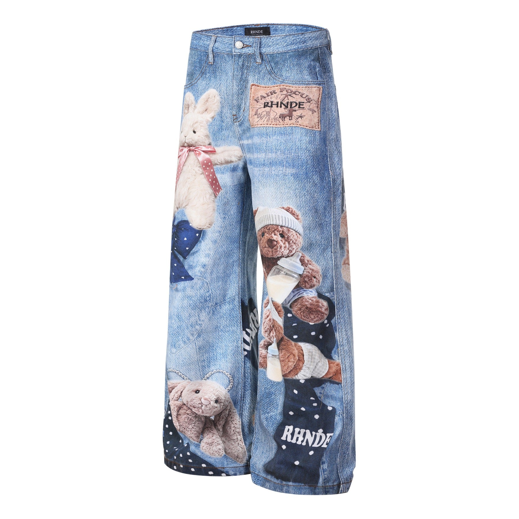Washed 3D Character Print Wide Leg Denim Jeans