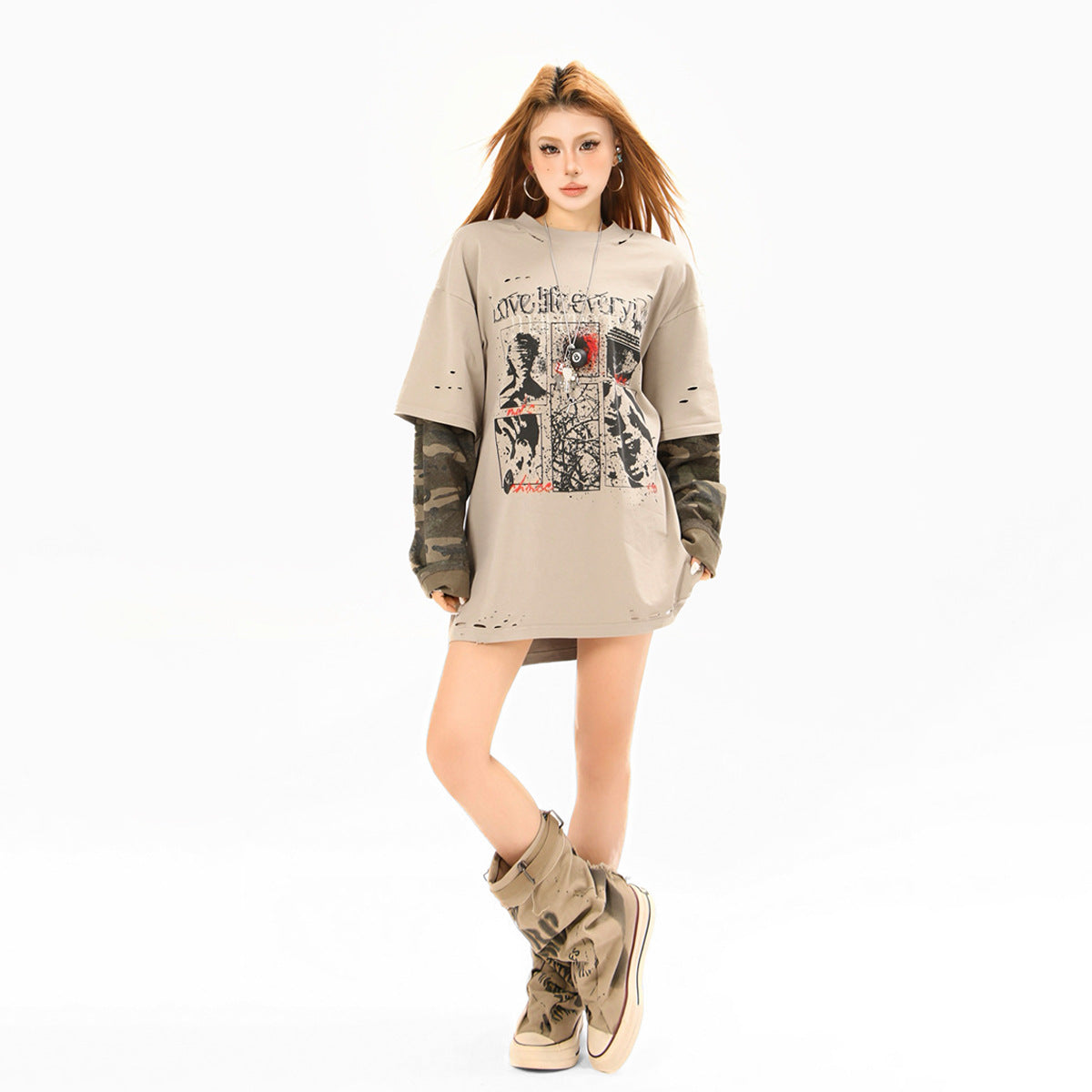 Fake Layered Camo Damage Print Long Sleeve T-Shirt