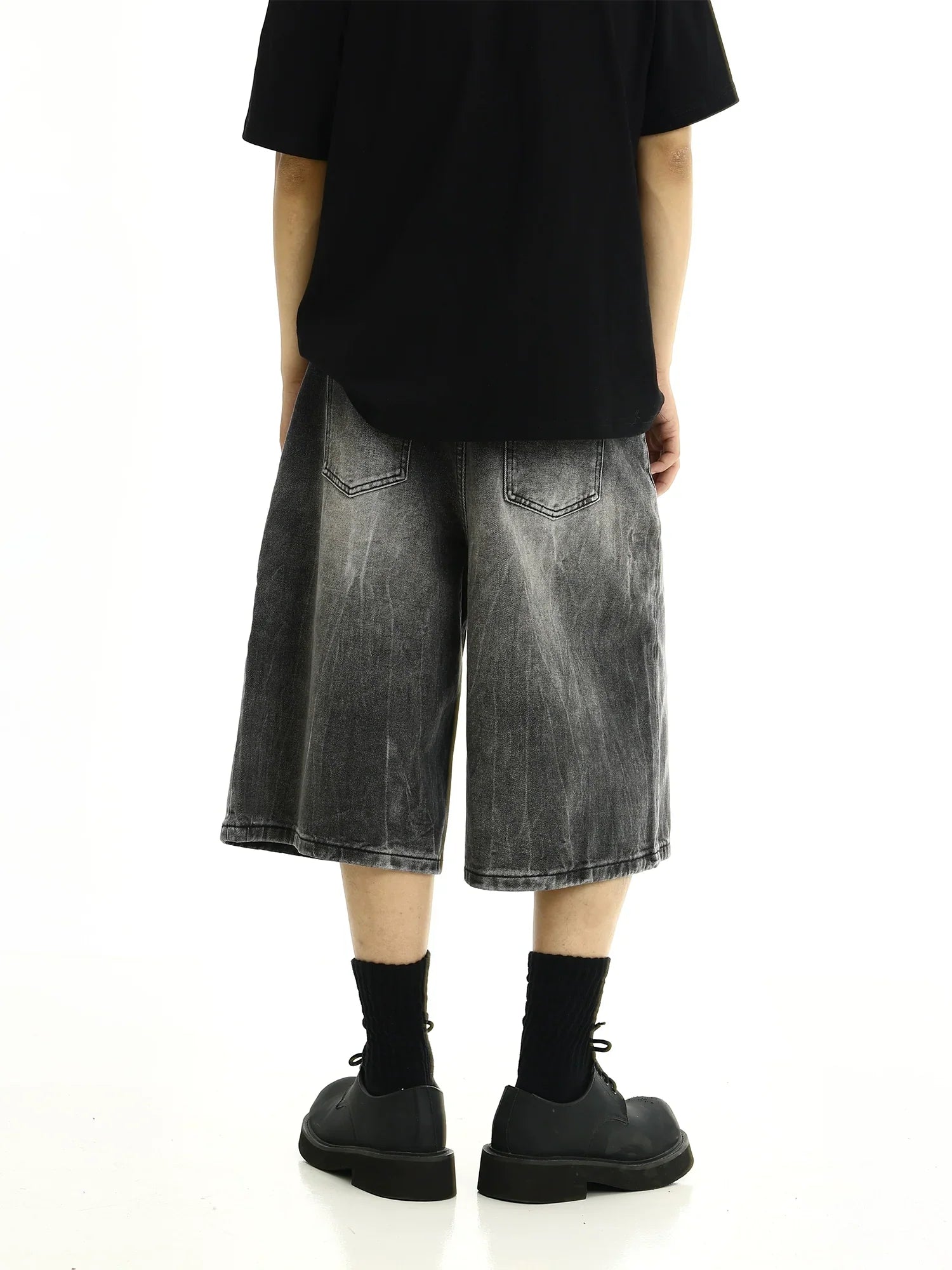 Washed Wide Leg Straight Denim Short Pants