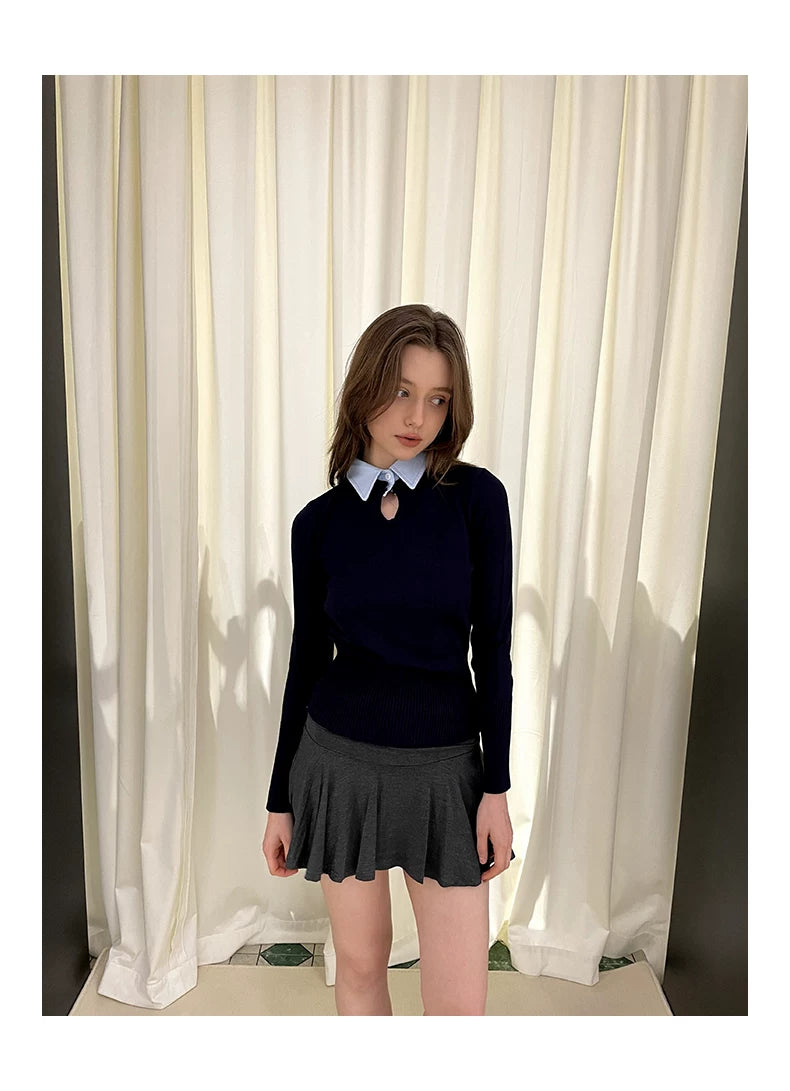 Collar Knit Sweater & Pleats Short Skirt Setup