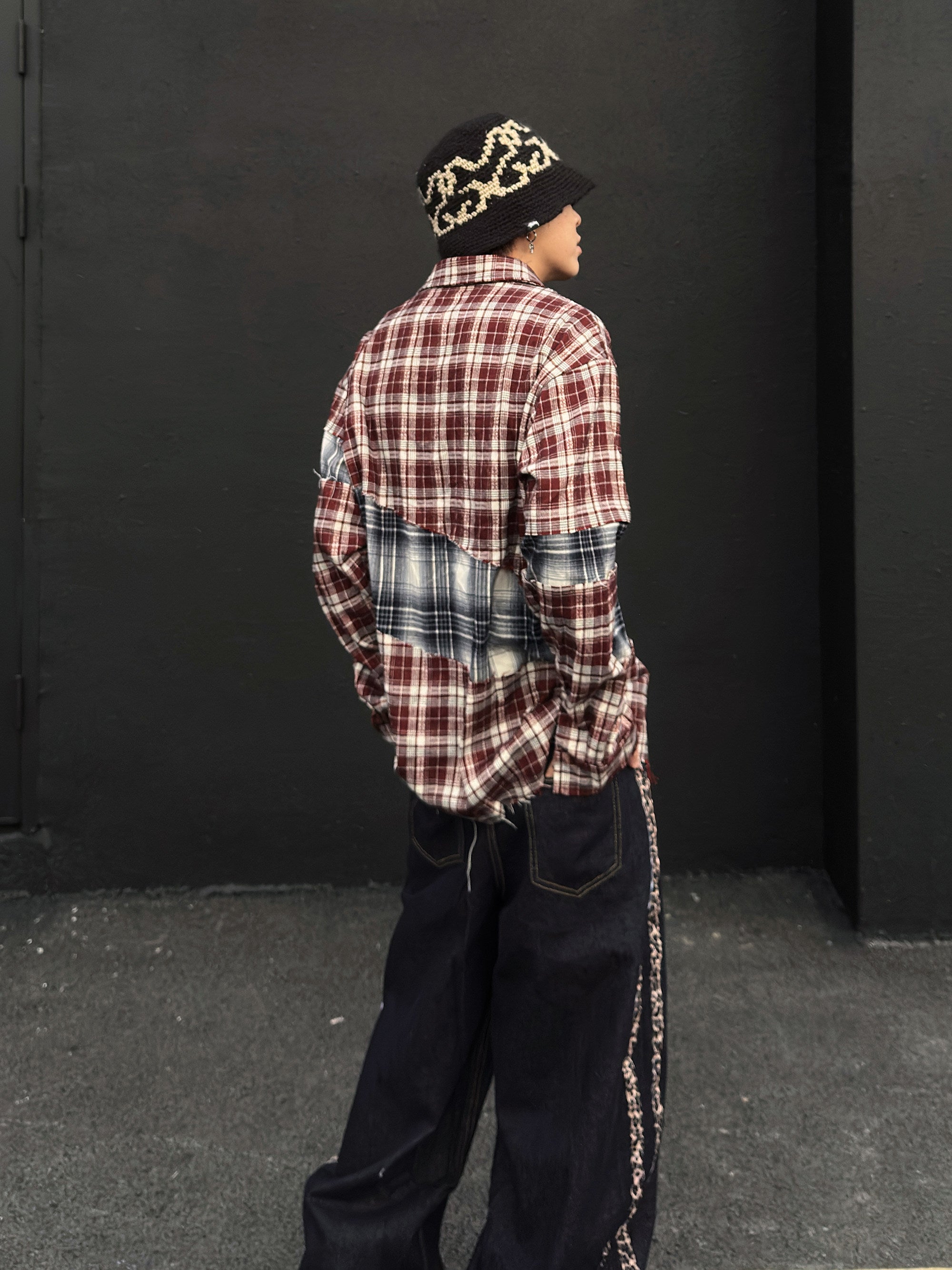 Camisa oversize de manga larga con estampado de cuadros y patchwork
