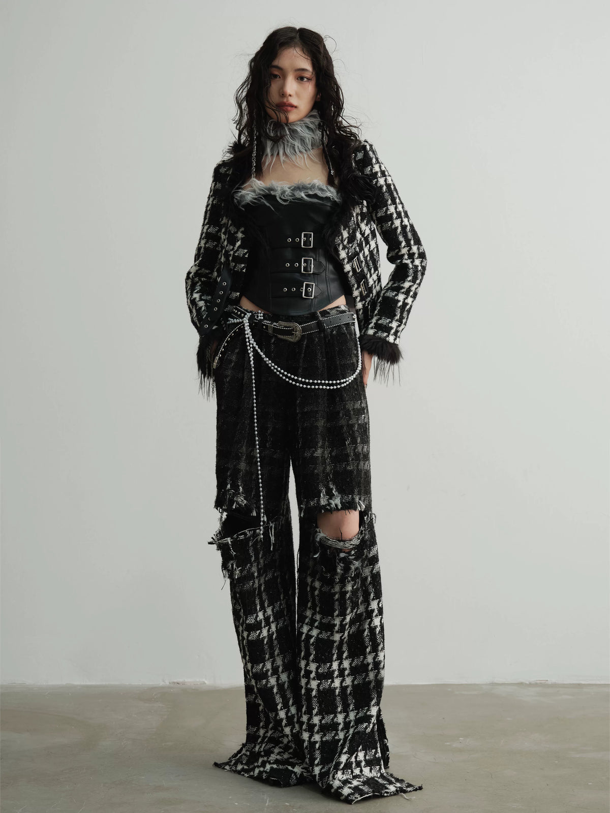 Hairy Low Collar Houndstooth Jacket